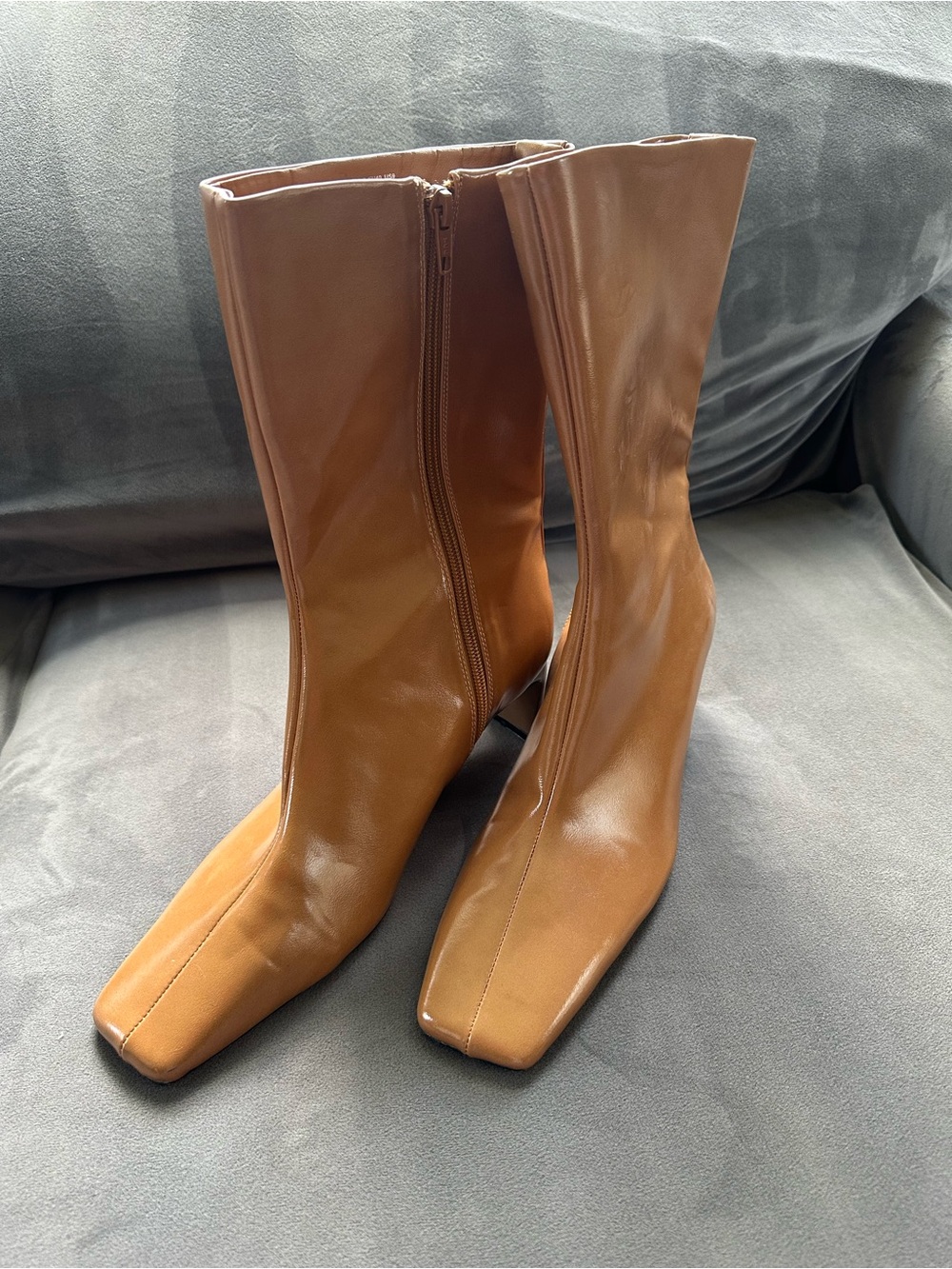 ASOS Tan Square-Toe Mid-Calf Heeled Boots